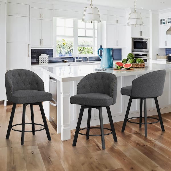 LUE BONA 26 in. Gray Fabric Metal Frame Upholstered Counter Height Swivel Bar Stools with Bronze Rivets (Set of 3)