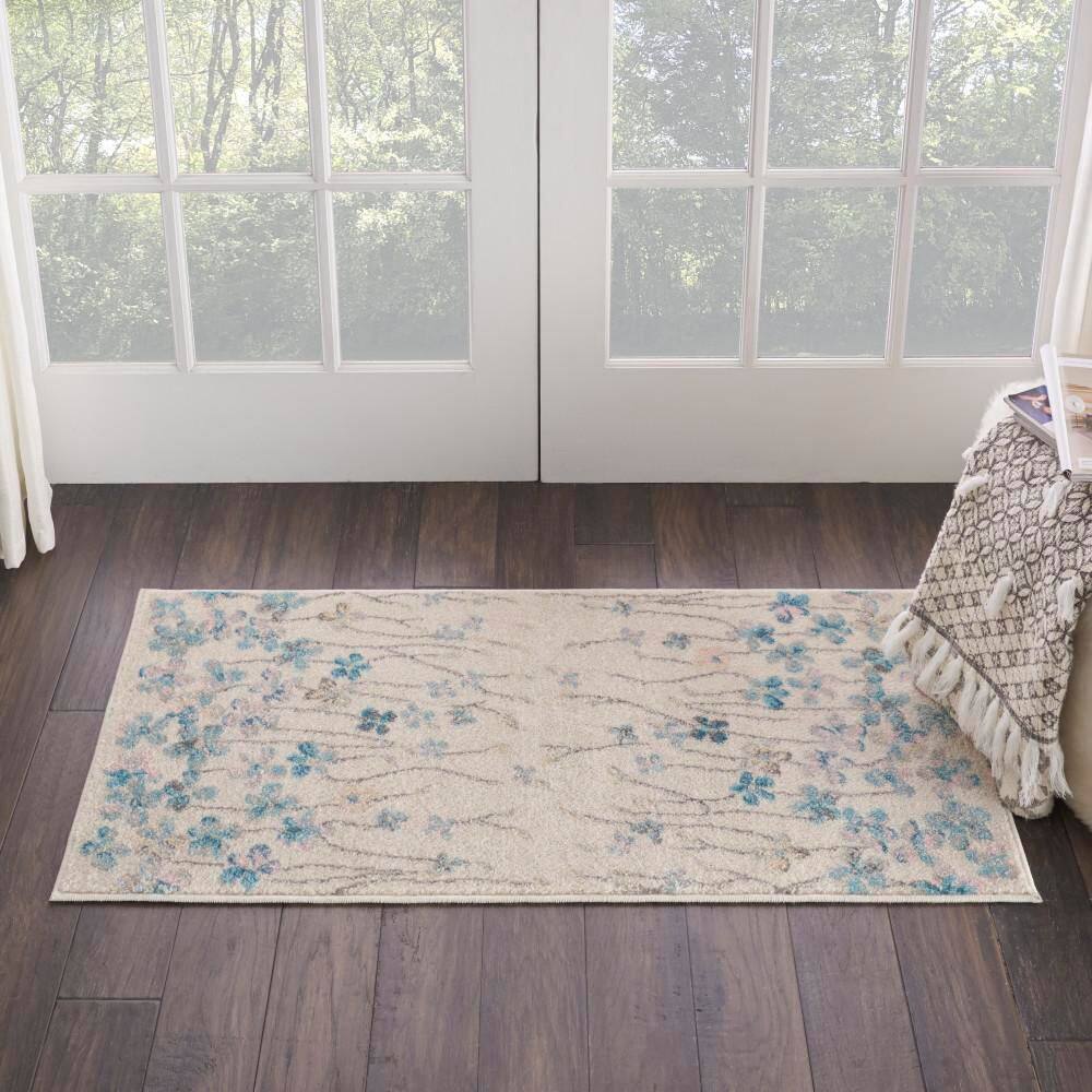 Elegant Ivory Floral Viscose 2' x 4' Rectangular Area Rug