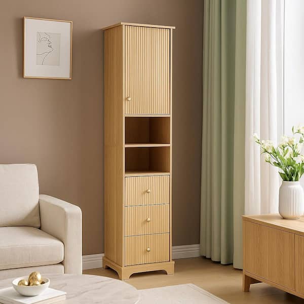 Natural Wood Color 67.7 in. H Modern Storage Cabinet with Cabinet, Adjustable Shelf, Open Shelves, 3-Drawers