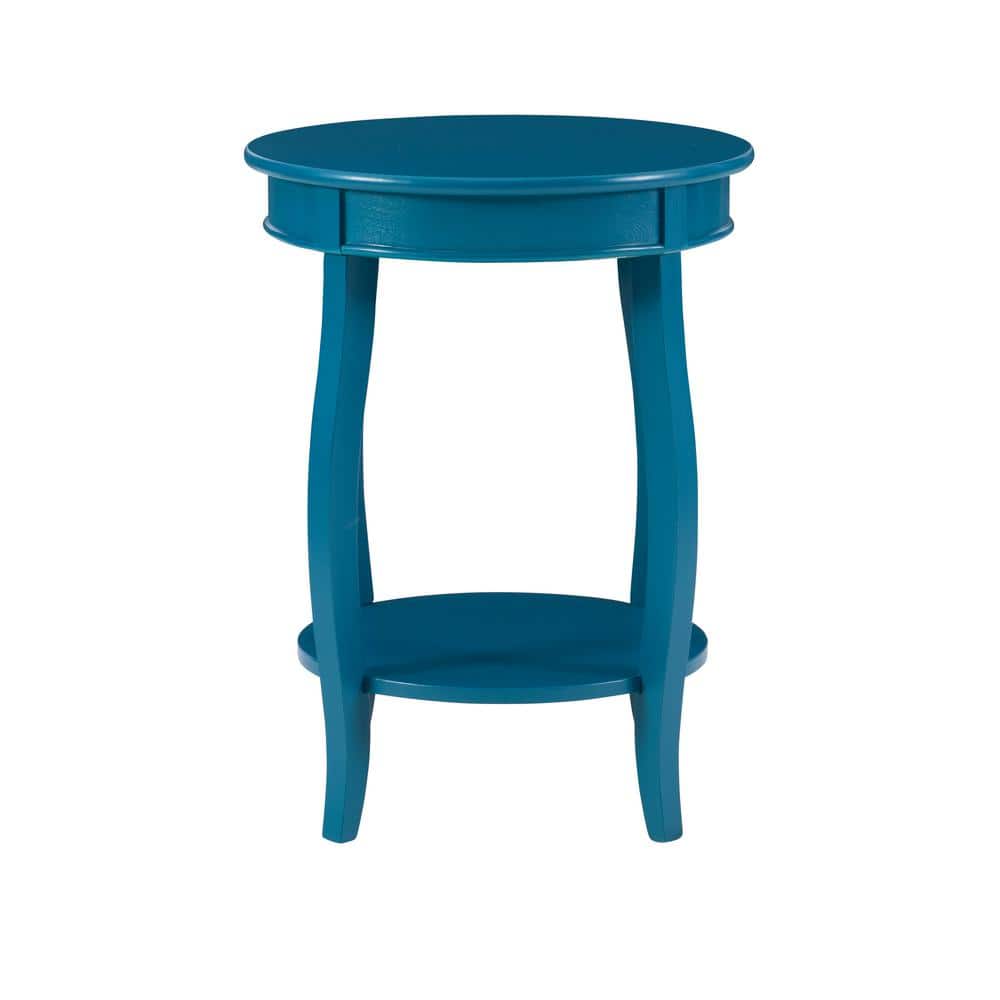 Teal Round Wood End Table with Shelf and Cabriole Legs