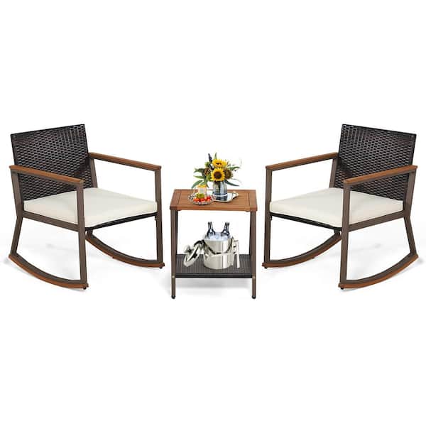 Costway 3-Pieces Wicker Patio Conversation Set Rattan Rocking Chair Bistro Set with Storage Shelf and Off White Cushions