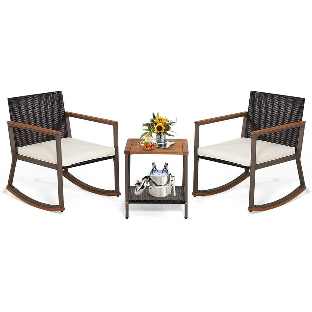 Costway 3 Pieces Wicker Patio Conversation Set Rattan Rocking