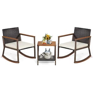 3-Pieces Wicker Patio Conversation Set Rattan Rocking Chair Bistro Set with Storage Shelf and Off White Cushions