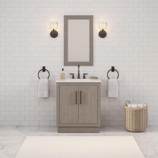 Water Creation Hugo 30 in. W x 22 in. D x 34 in. H Single Bath Vanity in Grey Oak with White Marble Top and Mirror with White Basin