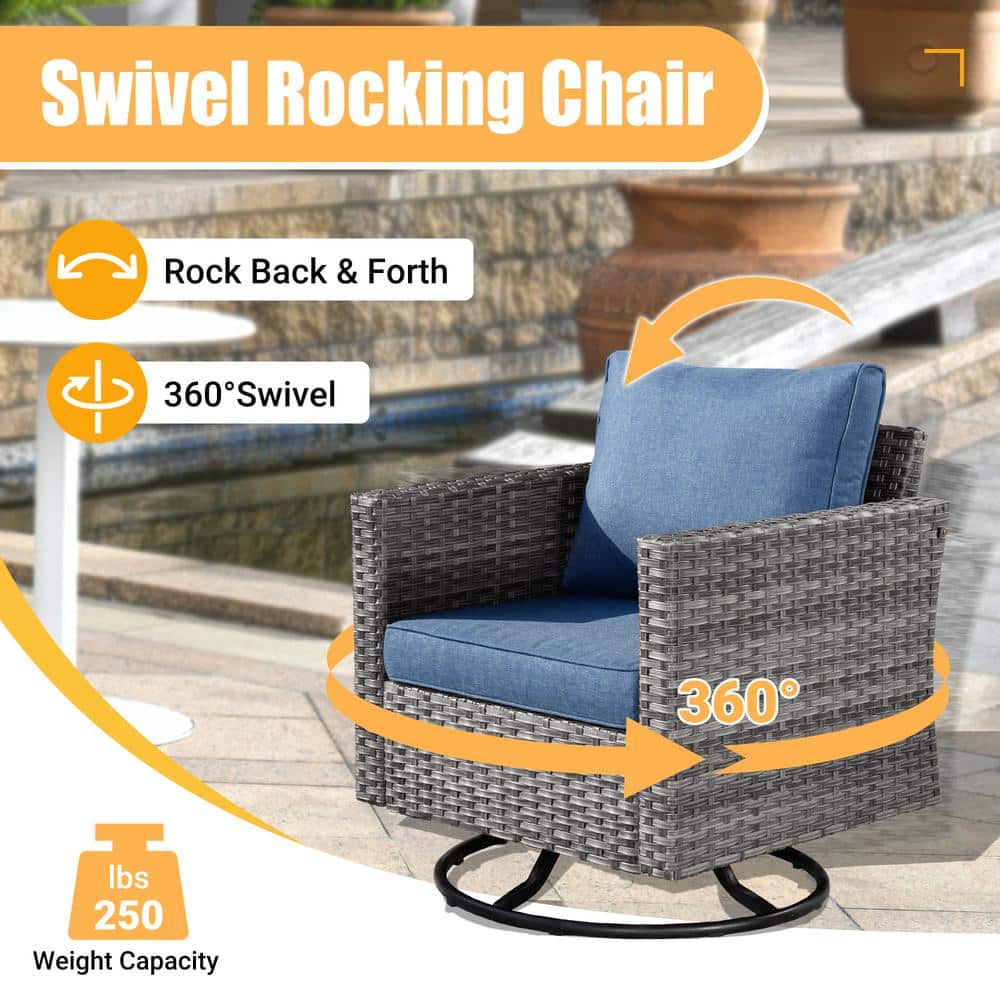 Venice 9-Piece Gray Wicker Patio Sofa Set with Denim Blue Cushions and Copper Fire Pit