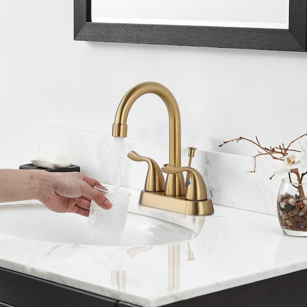 Modern Double Handle 4 in. Centerset High Arc Bathroom Faucet with Lift Rod Drain Assembly in Brushed Gold