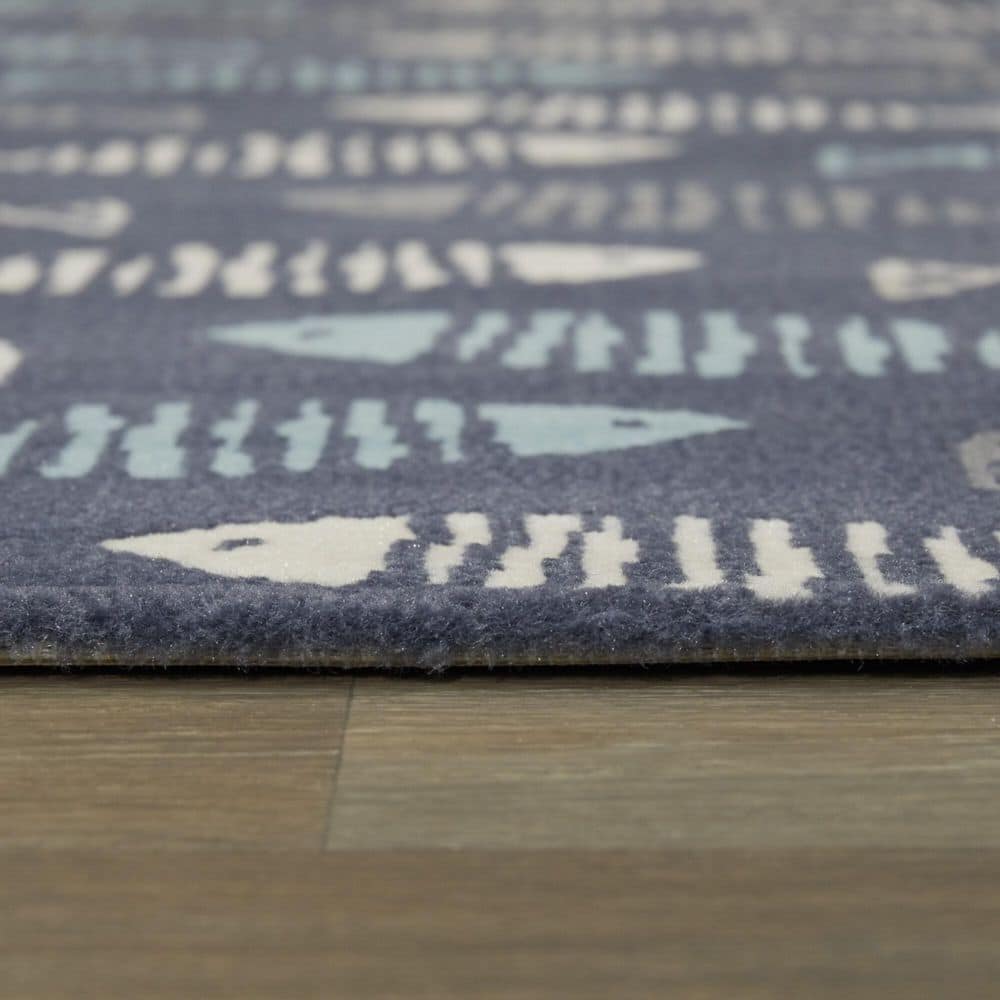 Blue Rectangular Geometric Fish Pattern Synthetic Area Rug