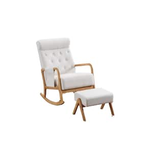 Solid Wood Outdoor Rocking Chair with Ottoman and with Thick Padded Cushion, White