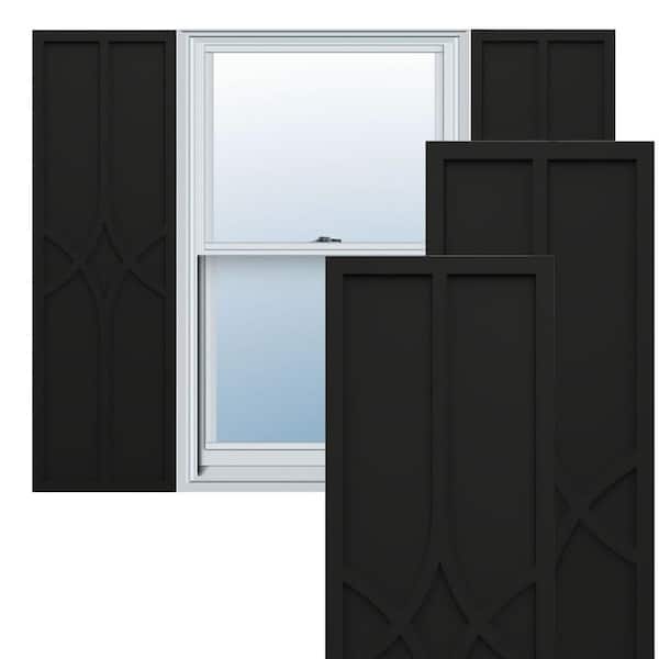 Ekena Millwork True Fit PVC 18 in. W x 70 in. H Raised Panel Vinyl Shutters Pair in Black