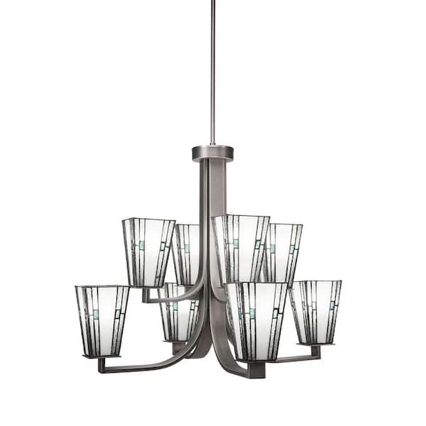 Unbranded Aspen 8-Light Graphite Chandelier, Square Chandelier with 5 in. Square Sky Ice Art Glass Glass Shades, No bulbs included