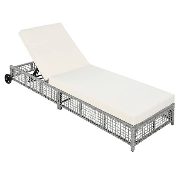 1-Piece Wicker Outdoor Chaise Lounge with Beige Cushions and Wheels