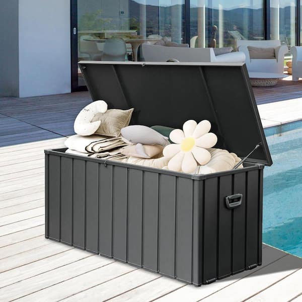 190 Gal. Dark Gray Metal Outdoor Deck Box with Lockable Lid, Hydraulic Lift and Wheels
