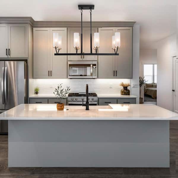 Black Chandelier 8-Light Modern Transitional Linear Island High Ceiling Light with Frosted Glass Shades and Gold Accent