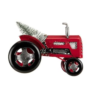 5 in. Red Iron Tractor with a Frosted Christmas Tree Ornament