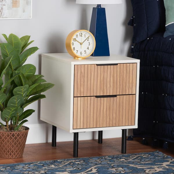 Baxton Studio Karima 2-Drawer White and Natural Brown Nightstand End Table (20.5 in. H x 15.7 in. W x 15.7 in. D)