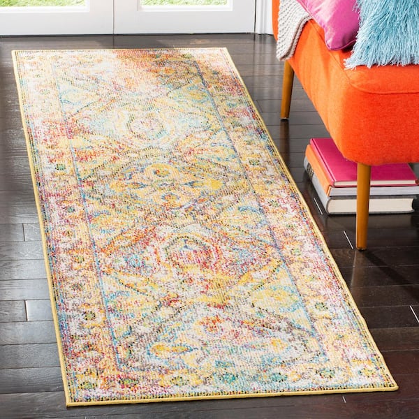 Crystal Light Blue/Orange 2 ft. x 7 ft. Distressed Border Runner Rug