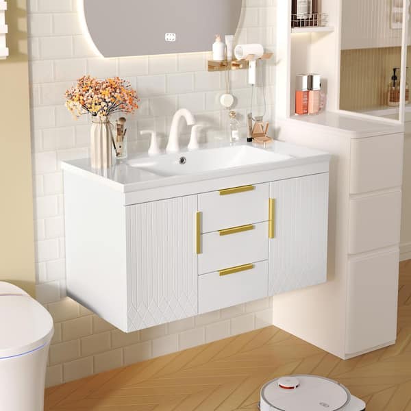 36 in. Floating Single Sink White Bath Vanity with White Ceramic Top