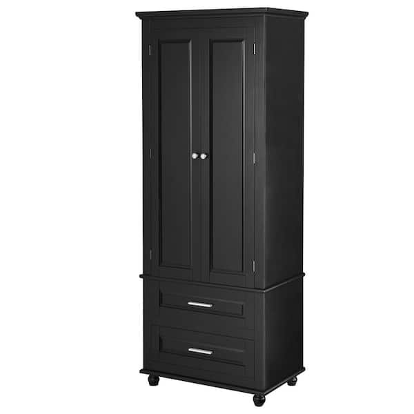 24 in. W x 15.7 in. D x 62.5 in. H Black Wood Freestanding Linen Cabinet with 2-Drawers