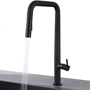 Easy-Install Single Handle Deck Mount Squared Arc Pull Down Sprayer Kitchen Faucet with Flexible Hose in Matte Black