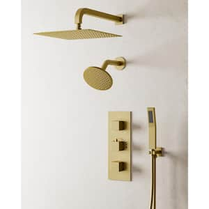 Thermostatic 5-Spray 12 x 6 in. Wall Mount Dual Shower Head and Handheld Shower in Brushed Gold (Valve Included)