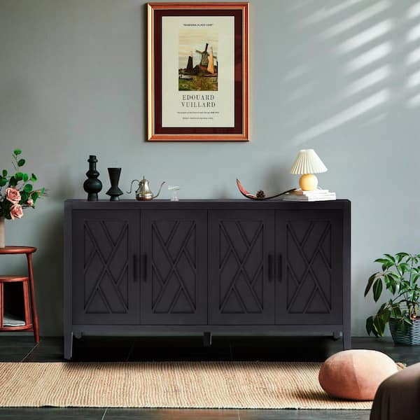 Unbranded 60 in. W x 15.7 in. D x 34 in. H Black Linen Cabinet Sideboard With 4 Doors for Living Room Entryway