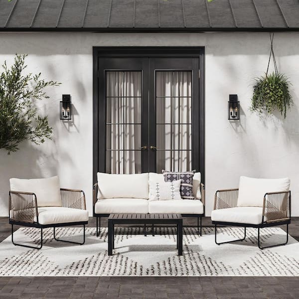 Nathan James Isla 3-Piece Bohemian Matte Black Metal Frame Outdoor Patio Conversation Set with White Cream Cushion