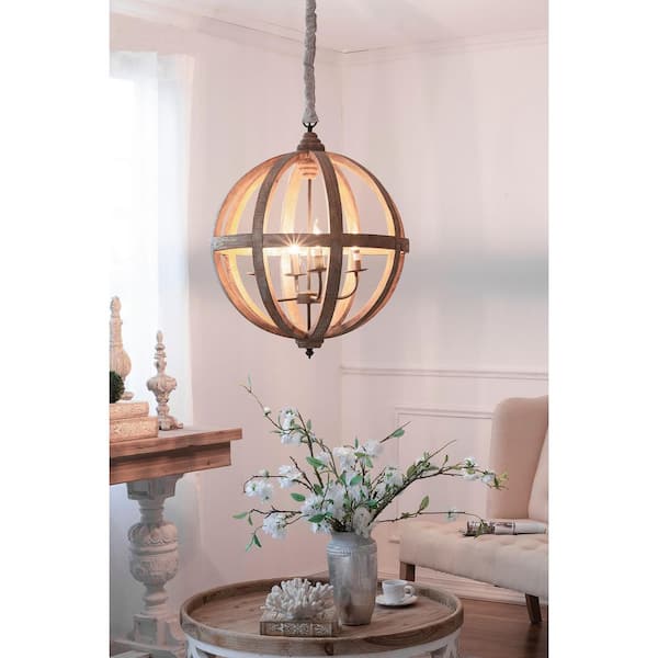 Pratt Series 4-Light Brown Wood and Black Iron Globe Frame Round Chandelier for Dining Room or Foyer