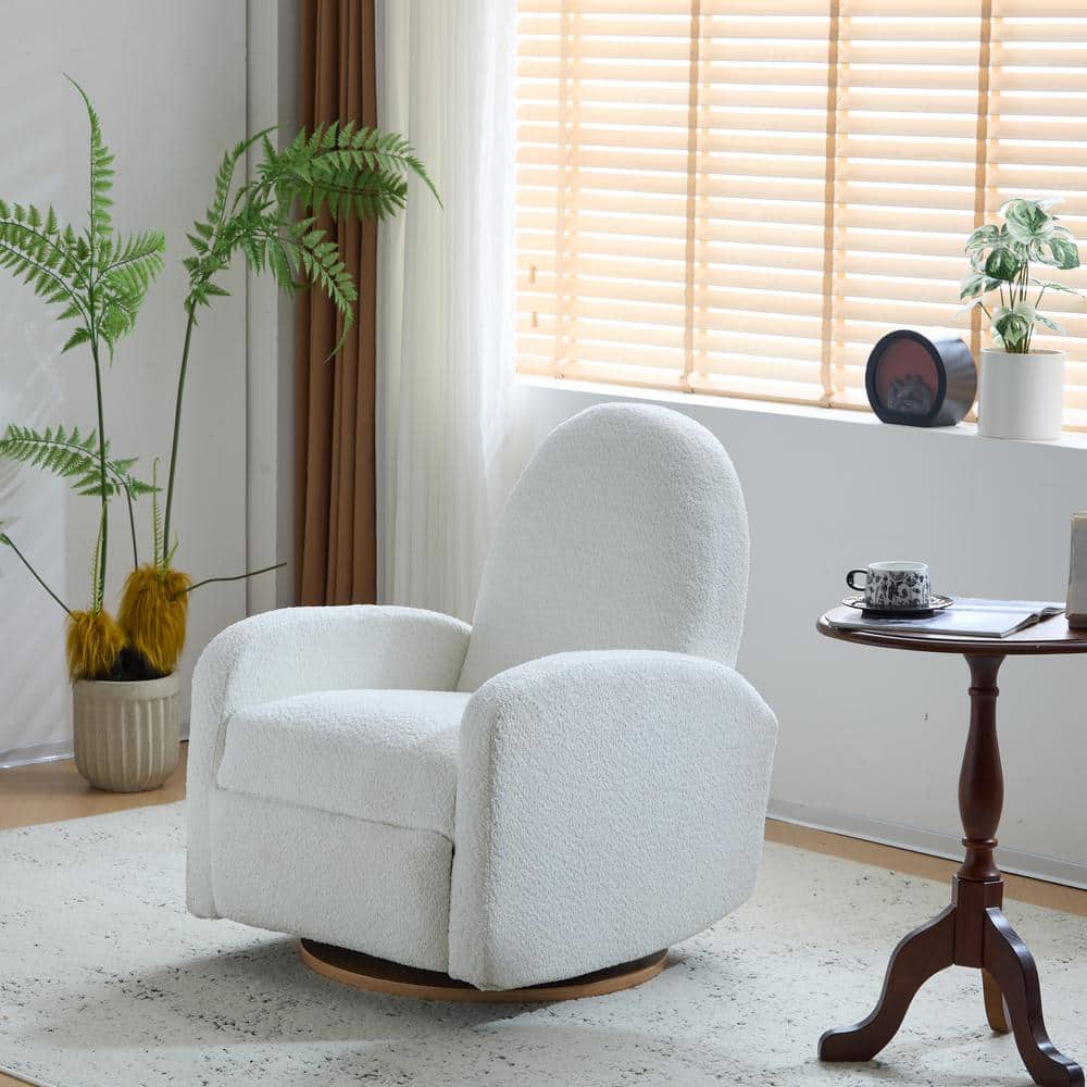 Beige Boucle Swivel Glider Recliner with Manufactured Wood Base
