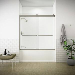 Levity 59.625 in. W x 62 in. H Semi-Frameless Sliding Tub Door in Nickel with Towel Bar
