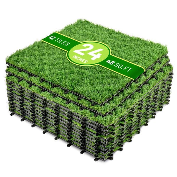 Sorbus Artificial Grass Tiles (48 Sq. Ft) – 24"x24" Interlocking Turf Mats with Drainage – Synthetic Grass