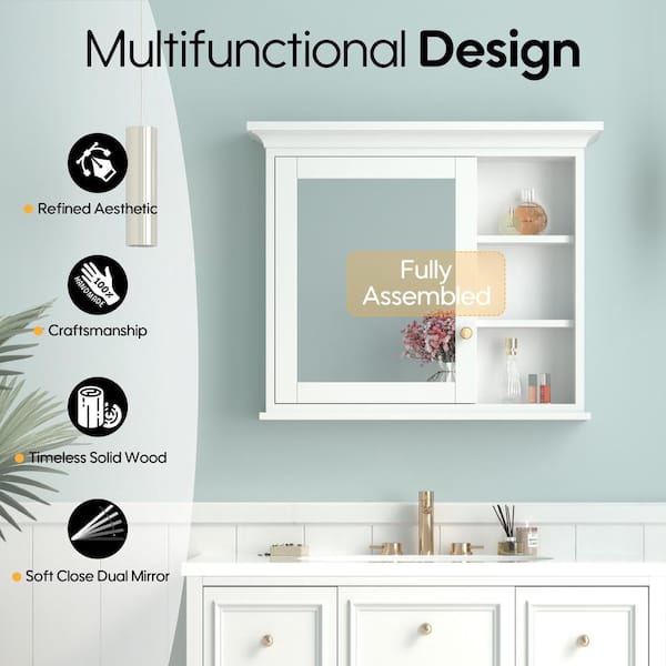 Forclover Solid Wood 36-in x 30-in Surface/Recessed Mount White Mirrored Soft Close Medicine Cabinet