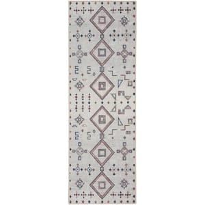 57 Grand Machine Washable Ivory/Multi 2 ft. x 6 ft. Graphic Contemporary Runner Area Rug