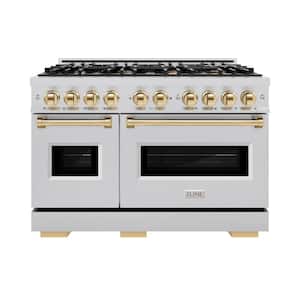 Classic 48 in. 8-Burner Gas Range with Double Oven in Stainless Steel and Polished Gold
