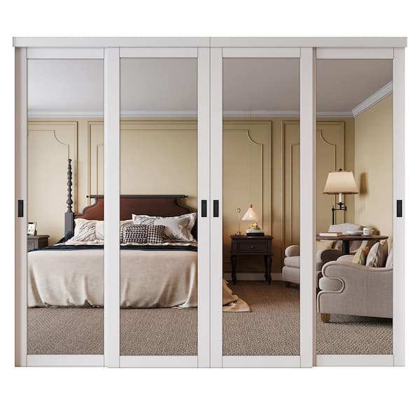 ARK DESIGN 96 in. x 78 in. Solid Core 1-Lite Mirror White Primed MDF Interior Closet Sliding Door with Hardware