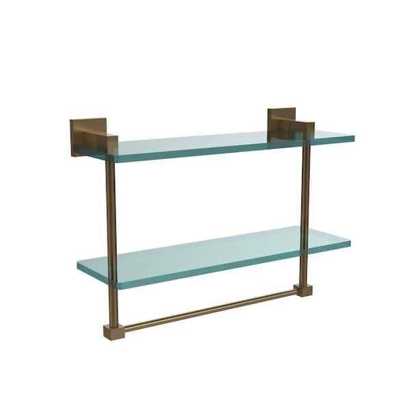 Allied Brass Montero 16 in. L x 11-3/4 in. H x 5-3/4 in. W 2-Tier Clear Glass Bathroom Shelf with Towel Bar in Brushed Bronze