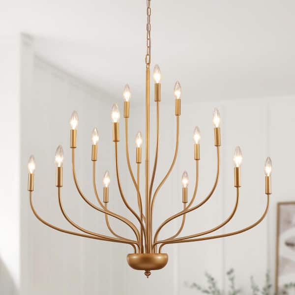 37.4 in. 15-Light Gold Large Industrial Candlestick Linear Chandelier Height Adjustable Pendant Light for Living Room