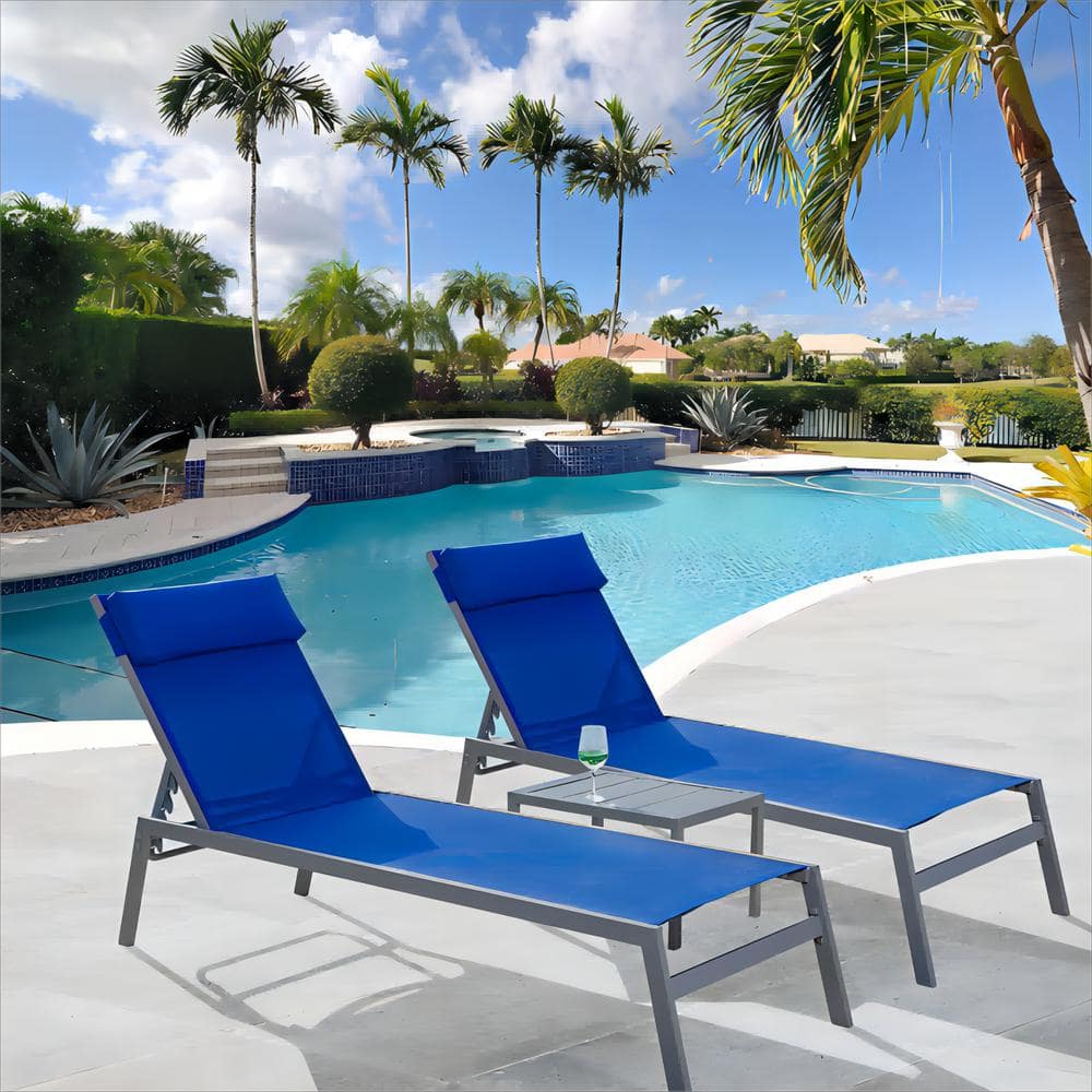 3-Pieces Blue Steel Adjustable Outdoor Patio Chaise Lounge Chair Sunbathing