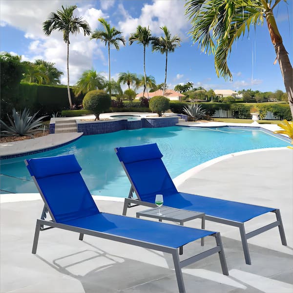 Unbranded 3-Pieces Blue Steel Adjustable Outdoor Patio Chaise Lounge Chair Sunbathing Recliner with Headrest.