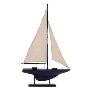 Dark Blue Wood Sail Boat Sculpture with Lifelike Rigging