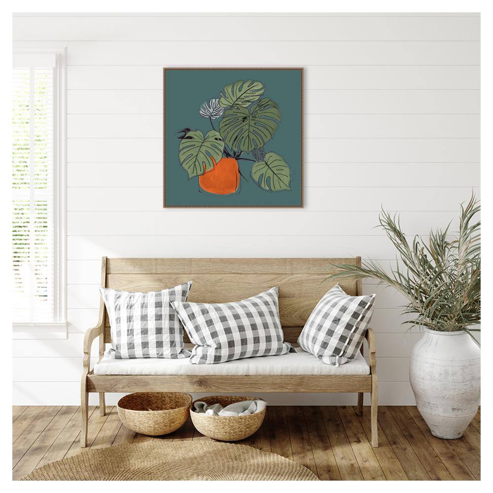 Teal and Orange Retro Potted Plant Canvas Art with Bronze Frame