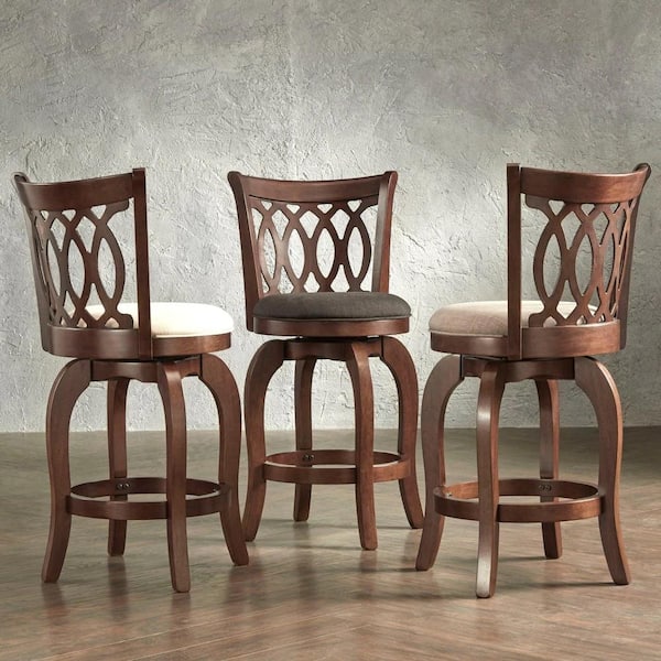 24 in. Beige Scroll Back Linen Swivel Counter Height Stool