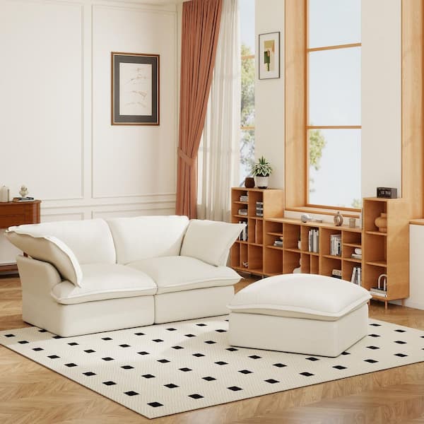 Magic Home Convertible 83 in. Flared Arm 3-piece Linen Modular Sectional Sofa Modern Love Seat with Ottoman in. White for Apartment