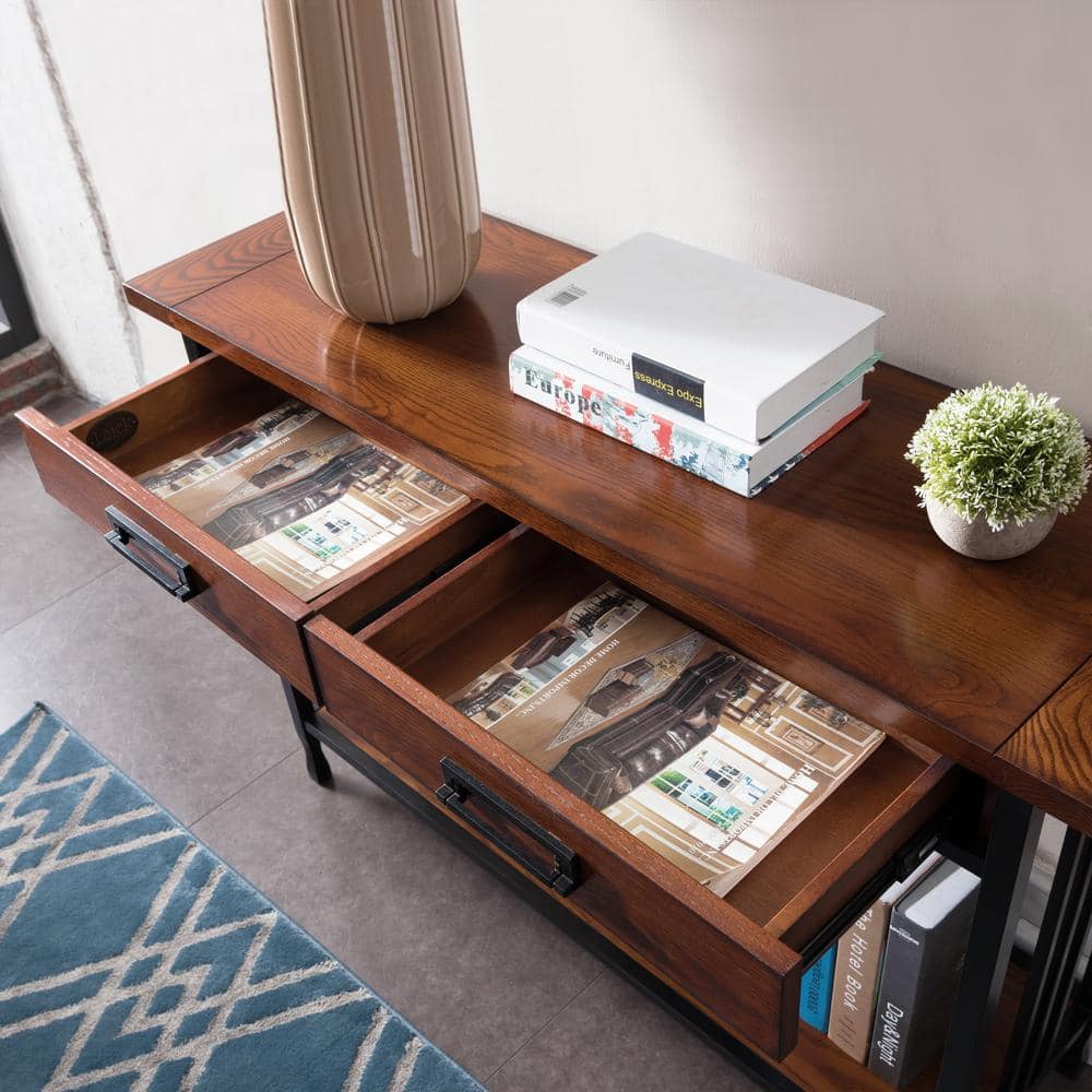 Ironcraft Mission Oak and Black Wood Sofa Table with Storage