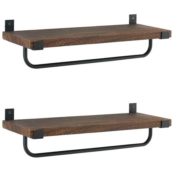 Rustic 17 in. W x 6 in. D Brown Paulownia Wood Floating Mug Holder Wall Shelf Set for Coffee Bar and Kitchen Decor