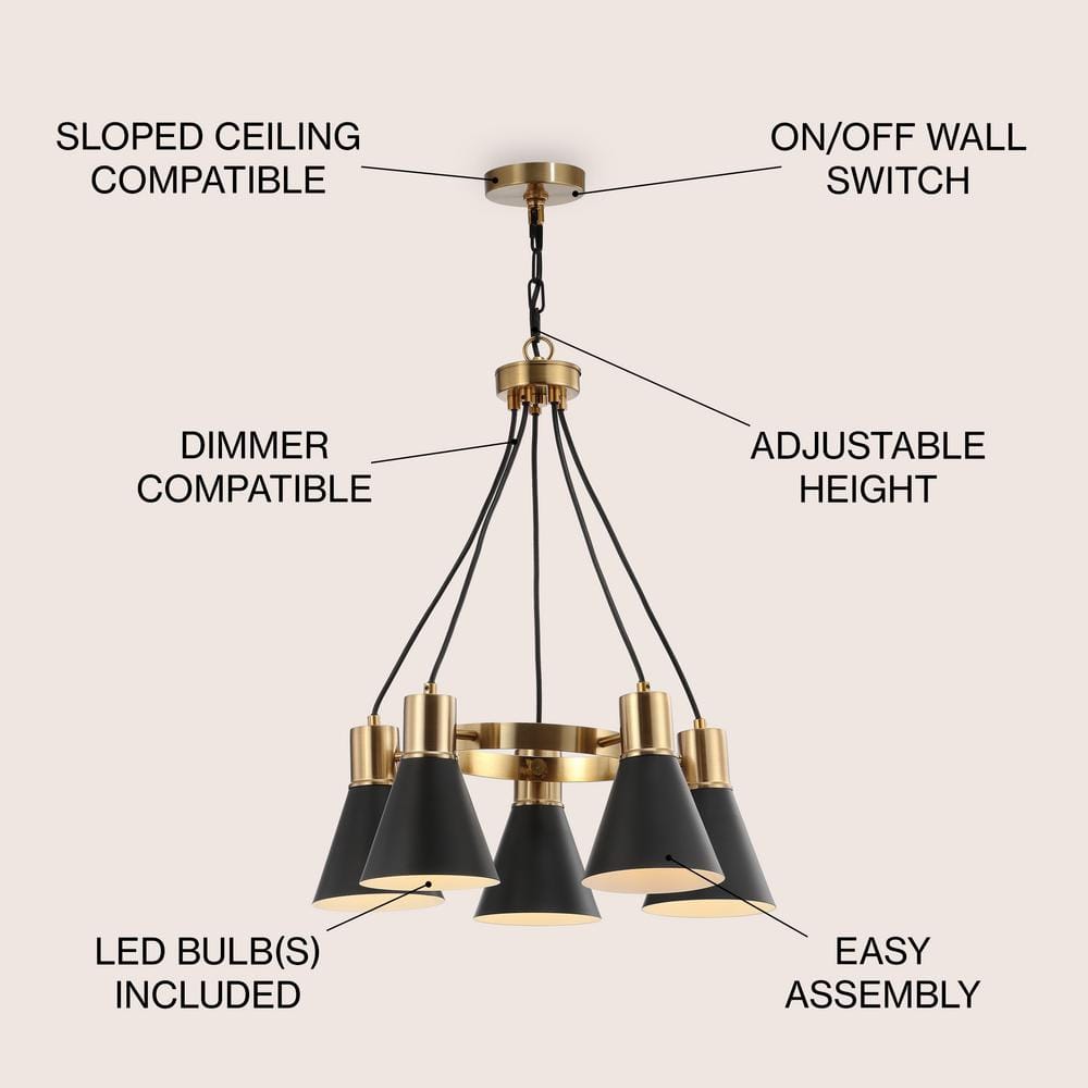 Markle 22" Matte Black & Brass Gold 5-Light LED Chandelier