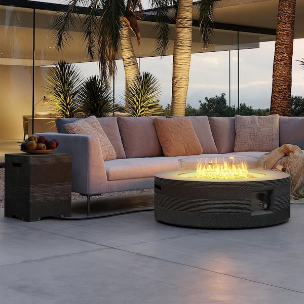 42 in. Round Magnesium Oxide Outdoor Fire Pit Table with Tank Cover, Wind Guard and Rain Cover in Dark Gray