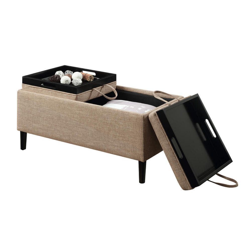 Tan Fabric Storage Ottoman with Reversible Trays