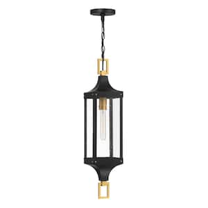 Glendale 28 in. 1-Light Matte Black and Weathered Brushed Brass Outdoor Pendant Light with Clear Seeded Glass Shade