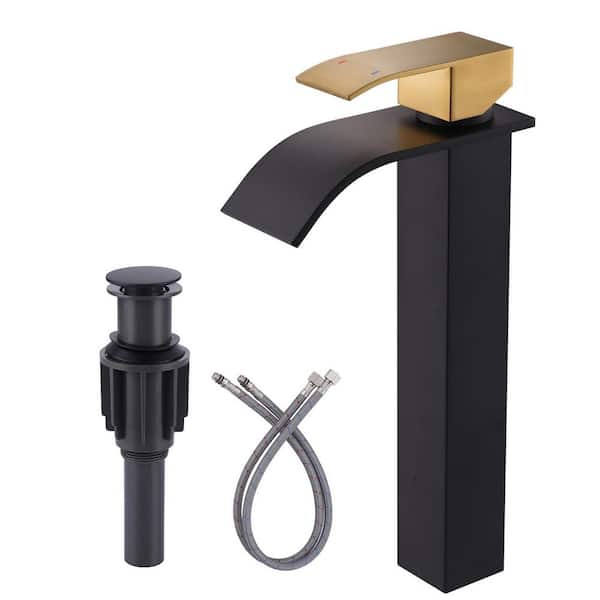Stainless Steel Single Handle Waterfall Single Hole Bathroom Faucet with Drain Kit and Supply Lines in Black and Gold