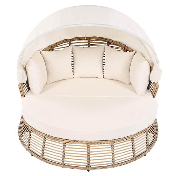 Unbranded Wicker Outdoor Day Bed with Removable Beige Cushions and Retractable Canopy, Patio Rattan Round Poolside Sofa Sunbed